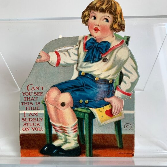 Vintage Valentine's Day Card Articulating Boy on Chair - Picture 1 of 6